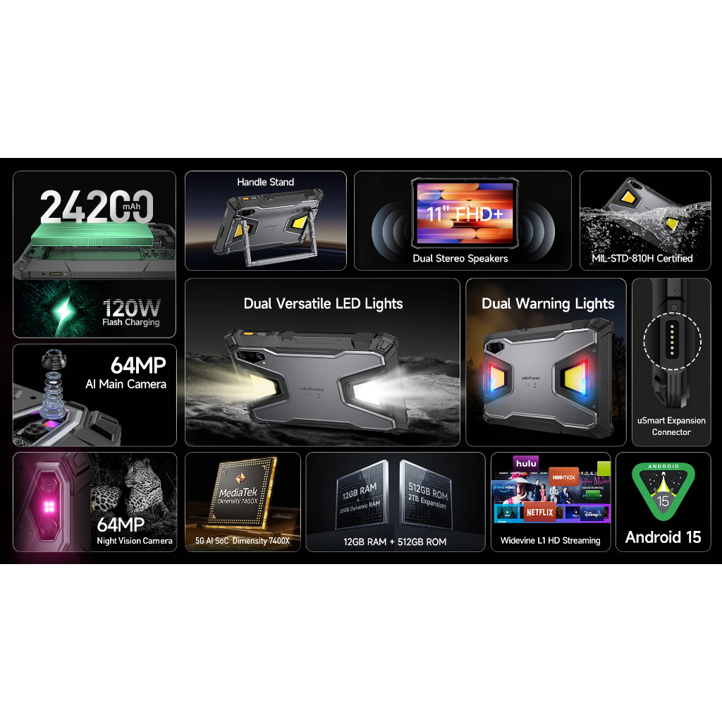 Ulefone Armor Pad 5 Pro 5G 11''LCD IPS FHD+ Dimensity 7400X 12GB 512GB 24200mAh 120W Night Vision - Gambar 3