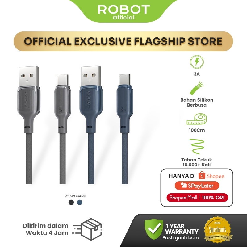 ROBOT Kabel Data Silikon 3A Tahan Tekuk 10K iPhone/Android