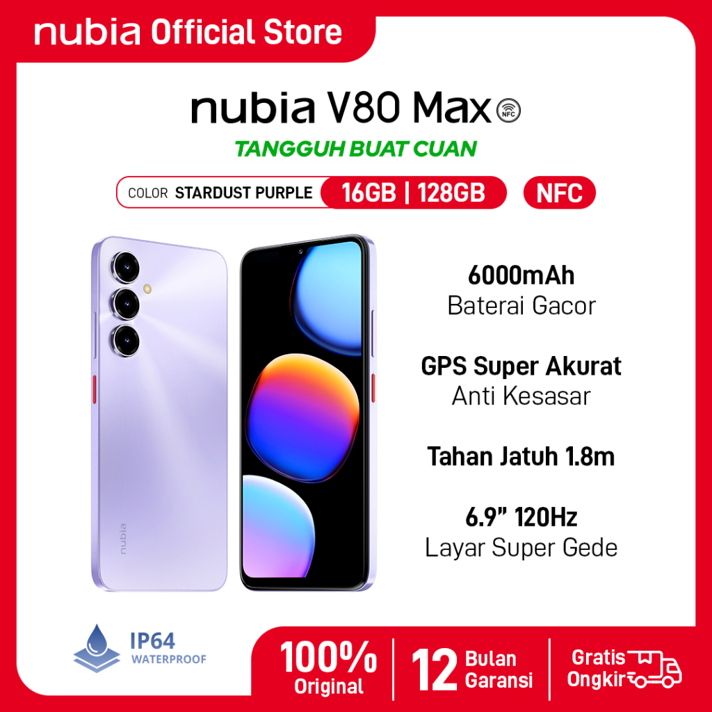 Handphone nubia V80 Max ROM 128 GB RAM 8 GB + 8 GB Smartphone Layar 6.9" HD 120Hz, Baterai 6000mAh Fast Charging GPS Turbo - Gambar 4