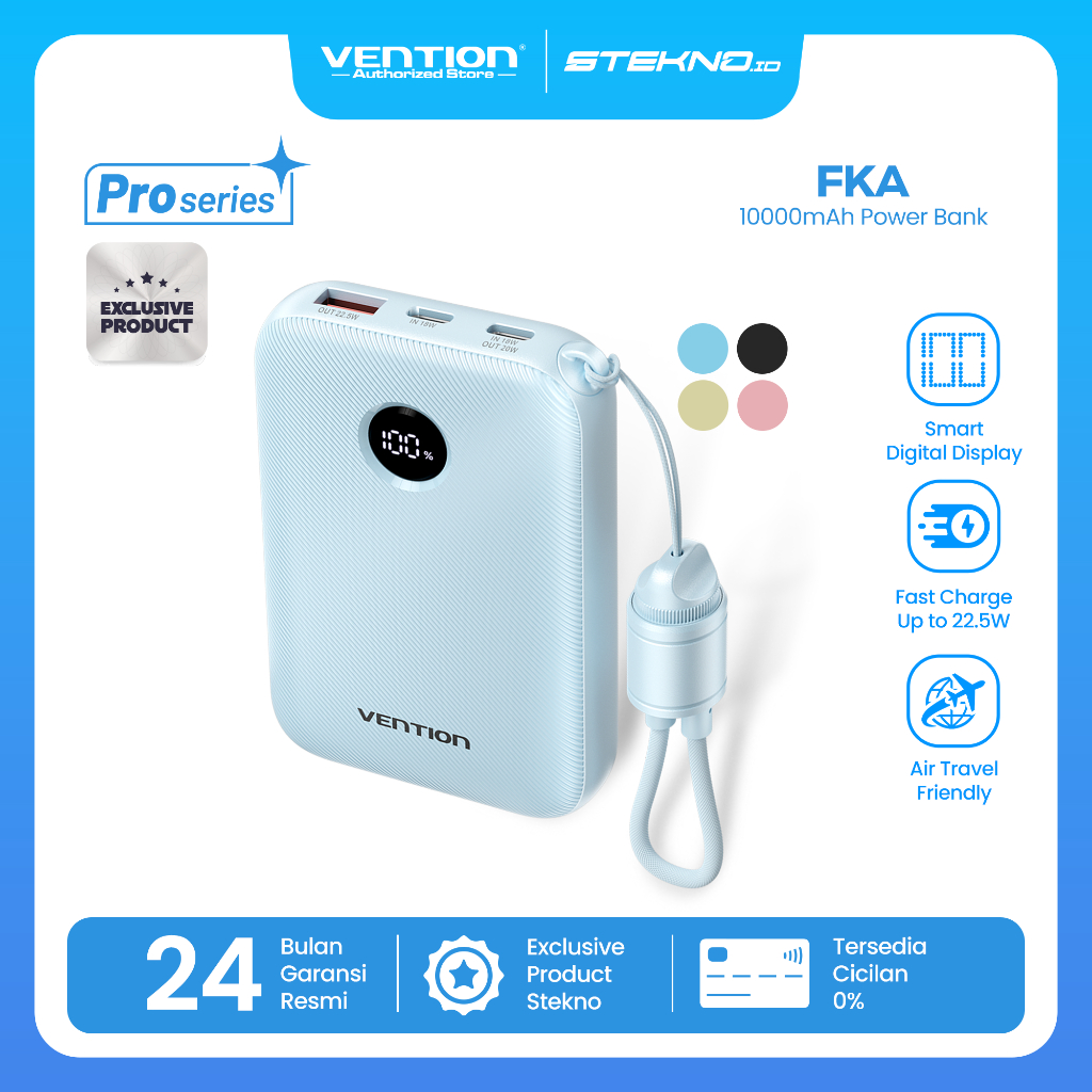 Vention Powerbank Pro Series 10000mAh 22.5W Built in Cable Fast Charging Dual Port USB-C USB-A for iPhone Android