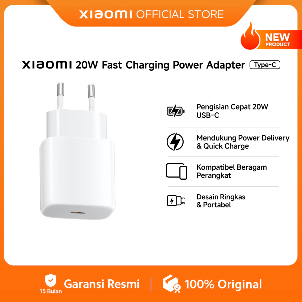 Xiaomi 20W Fast Charging power Adapter (Type-C) / Pengisian Cepat 20W USB-C / Mendukung Power Delivery (PD) & Quick Charge (QC) / Kompatibel Beragam Perangkat / Desain Ringkas & Portabel [Xiaomi Official Store]