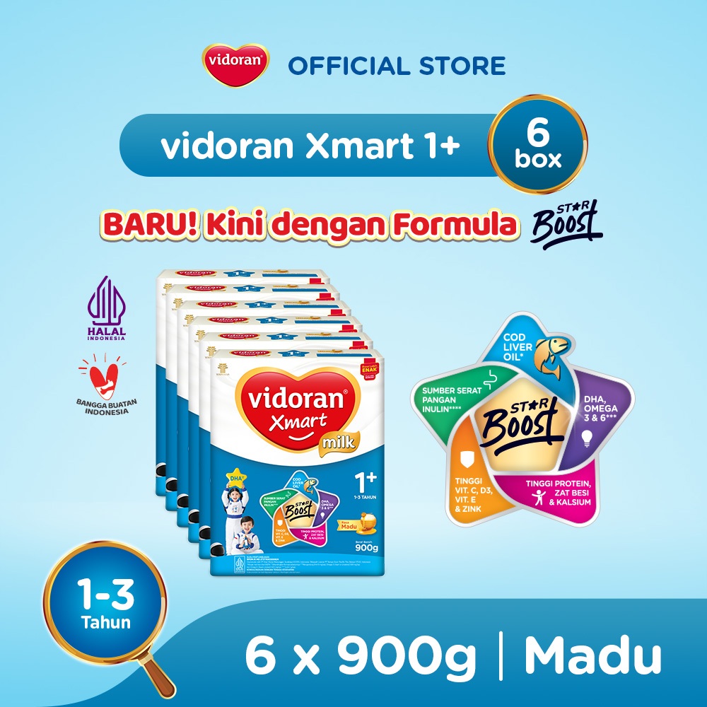 vidoran Xmart 1+ Madu 900r Susu Formula Pertumbuhan Anak 1-3 Tahun - 6 box - Exp : 07.2027