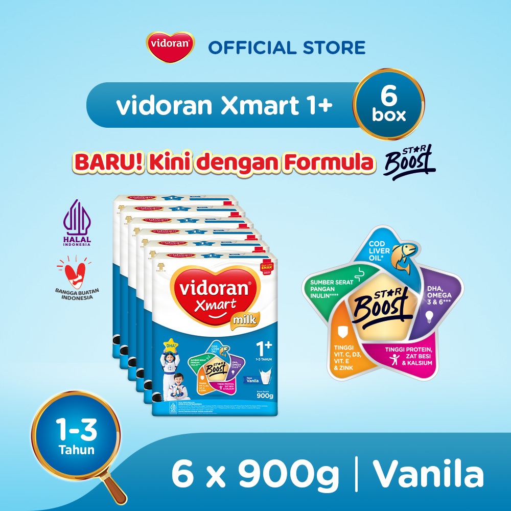 vidoran Xmart 1+ Vanilla 900gr Susu Formula Pertumbuhan Anak 1-3 Tahun - 6 box - Exp 07.2027