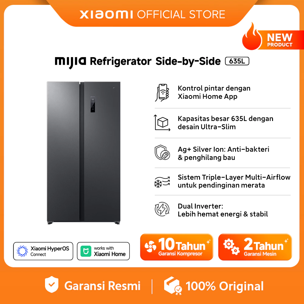 Xiaomi Mijia Side-by-Side Refrigerator 635L / Kulkas 2 Pintu / Kontrol pintar dengan Xiaomi Home App / Kapasitas Besar 635L dengan Desain Ultra-Slim / Dual Inverter / Ag+ Silver Ion: Anti-bakteri & Penghilang Bau [Xiaomi Official Store]