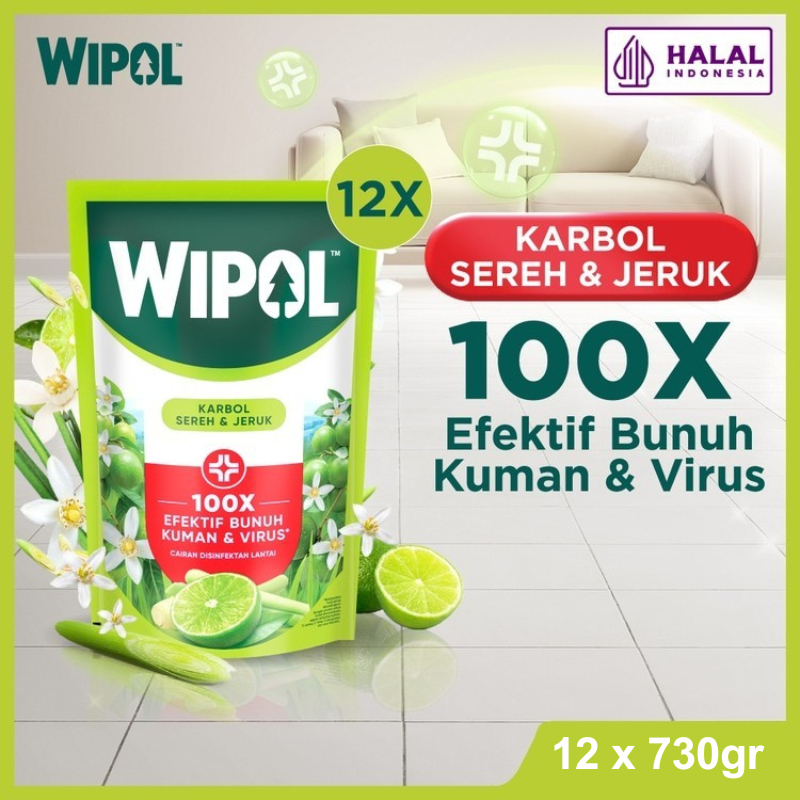 Wipol Pembersih Lantai Cairan Disinfektan Teruji Dermatologis Sereh & Jeruk 730gr x12