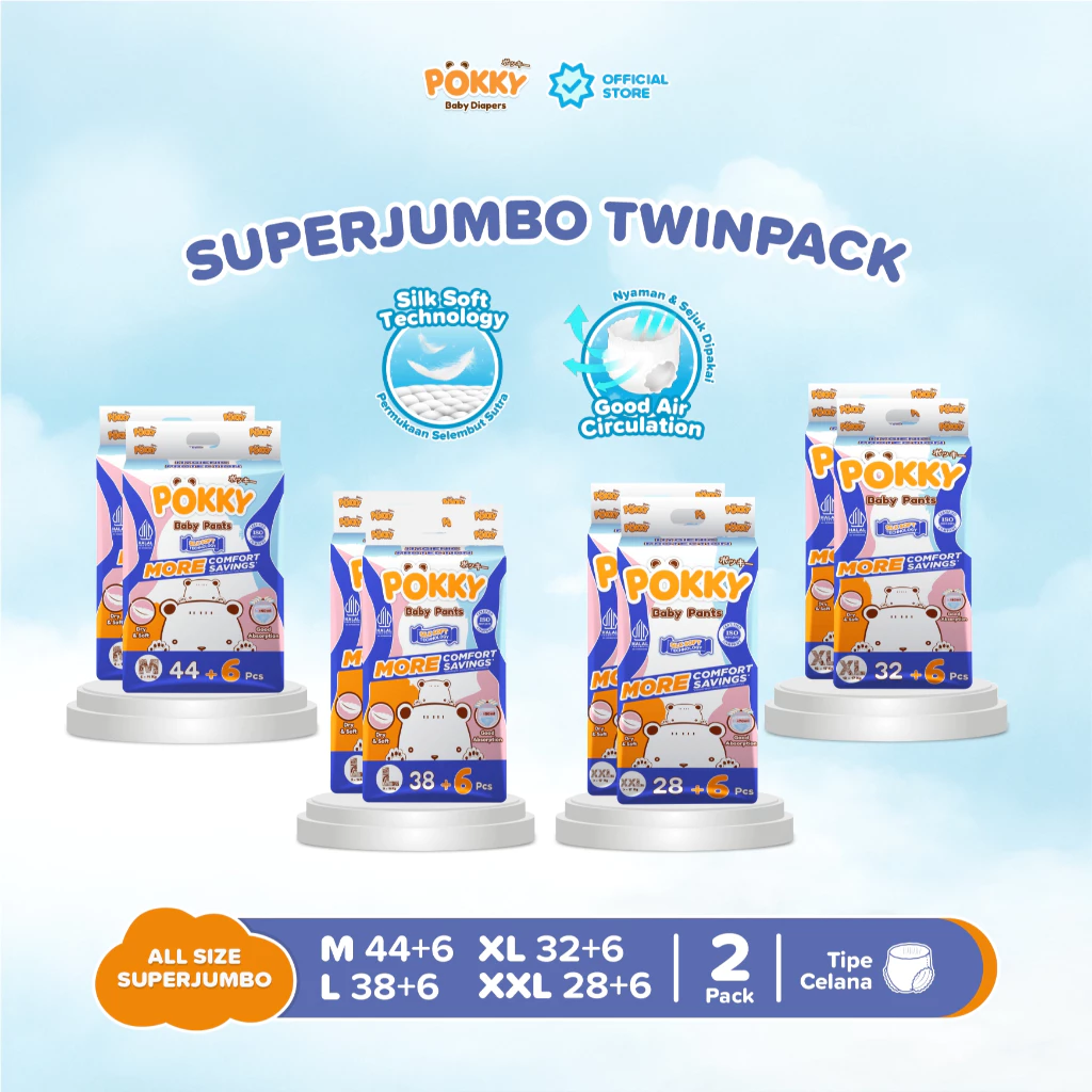 [2 BAG] POKKY PANTS SUPERJUMBO PACK M44+6/L38+6/XL32+6/XXL28+6 TWINPACK (2BALL) / Popok Celana Bayi