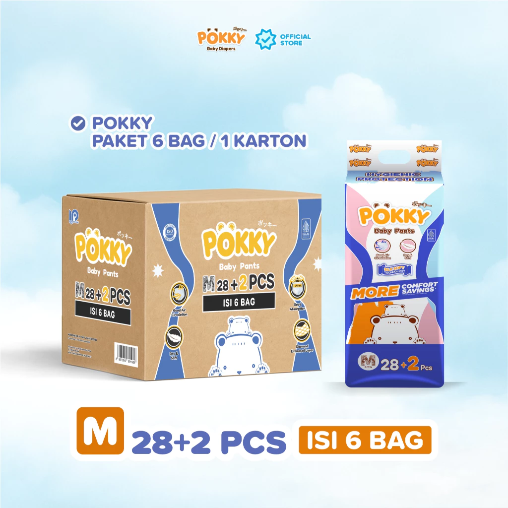 POKKY Pants Popok Celana Bayi KARTON (6 BALL) SIZE M28+2/L26+2/XL24+2/XXL22+2 x 6 BALL ( 1 KARTON)