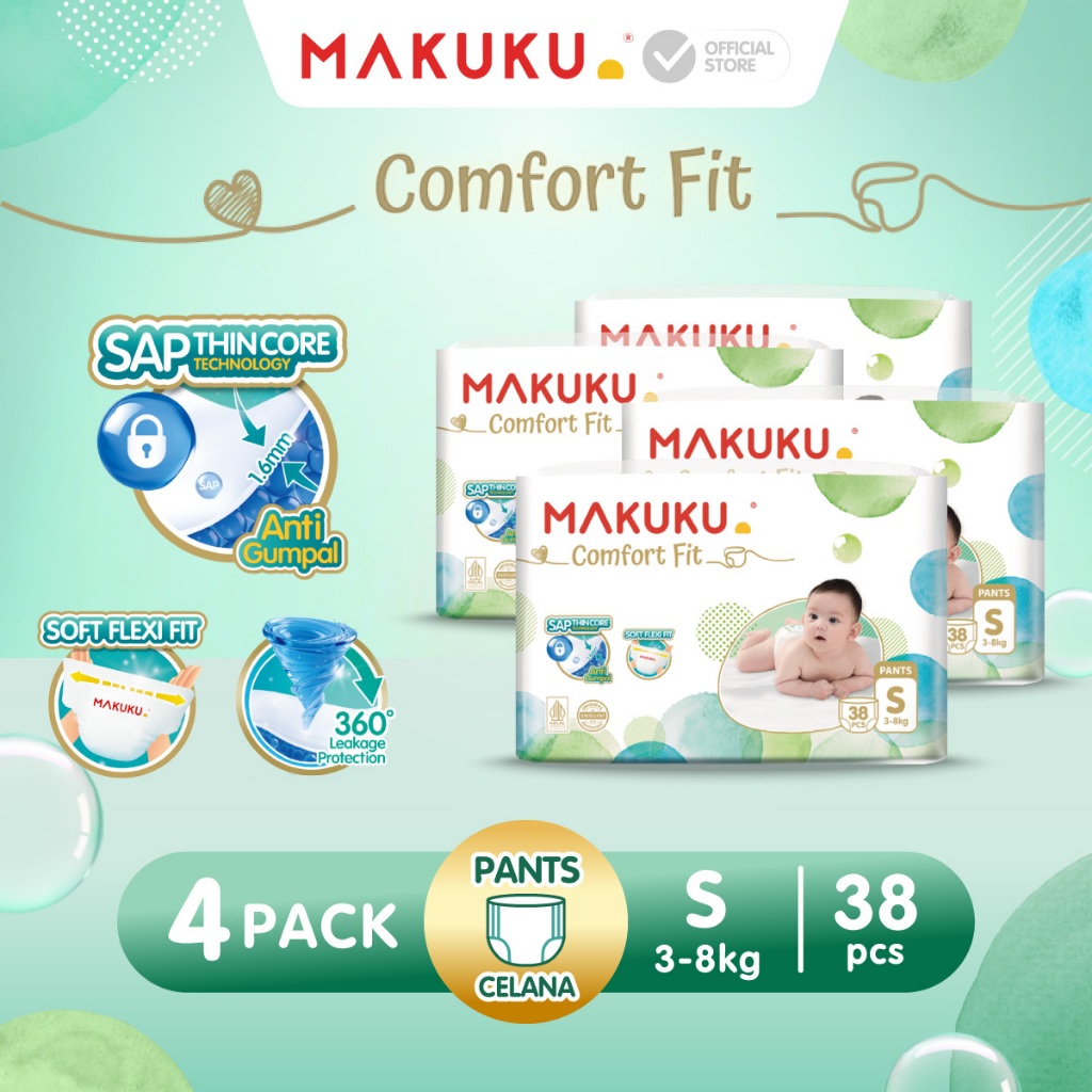 [4 PACK] Makuku SAP Diapers Comfort Fit 3.0 Celana / Pants Popok Bayi Regular Pack S38