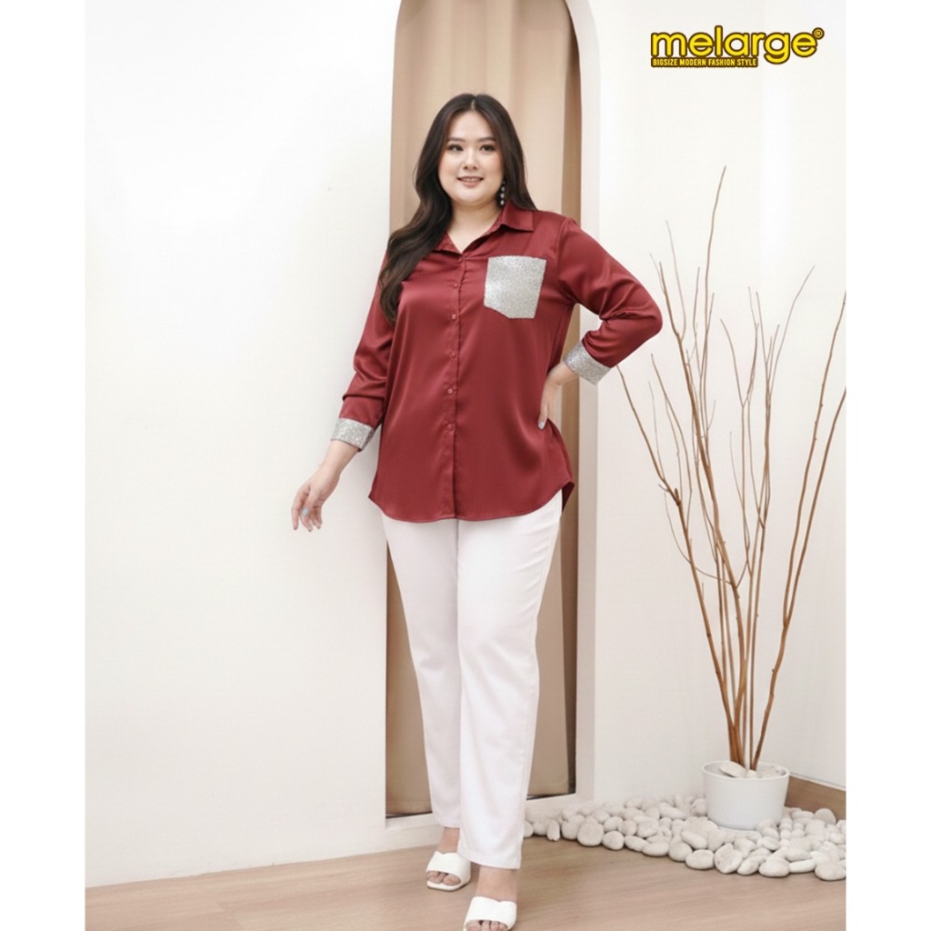 MELARGE - Elizabeth Kemeja Polos Wanita Bigsize Blouse Bahan Saten Satin Premium Atasan Oversize LD 120 130 140 150 3XL 4XL 5XL 6XL