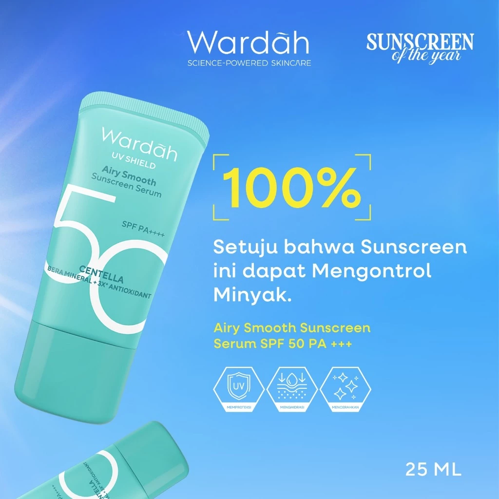 Wardah Sunscreen UV Shield Airy Smooth Serum SPF 50 PA++++ 25ml Single, Twinpack, Triple Pack Sunscreen Wajah - Meredakan Jerawat, Ringan, Mudah Meresap Calming and Repair Boosting - Sunscreen 50 SPF BPOM - Sunscreen No. 1 Sunscreen of the Year - Gambar 3