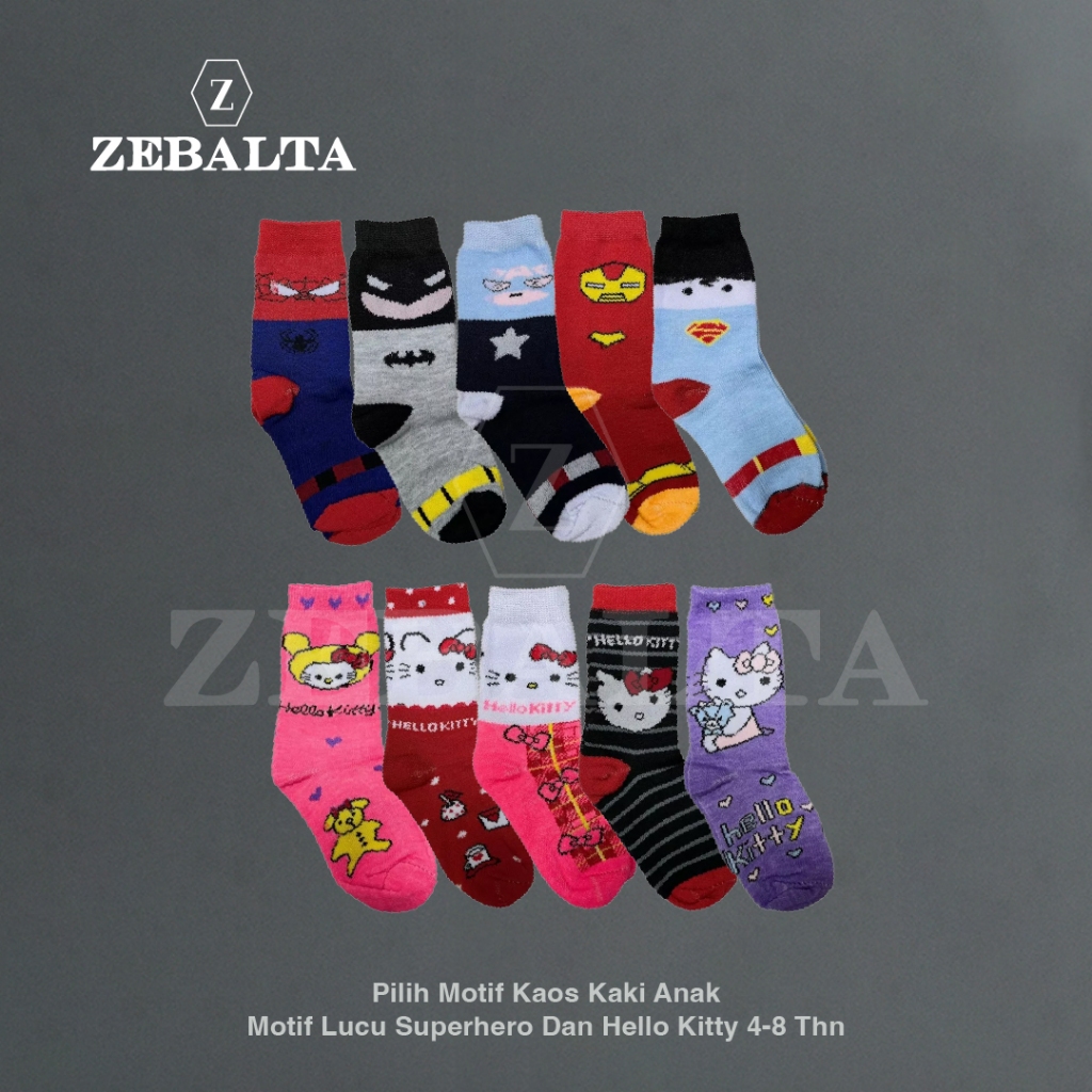 ZEBALTA - Pilih Motif Kaos Kaki Anak Motif Lucu Superhero Dan Hello Kitty 4-8 Thn
