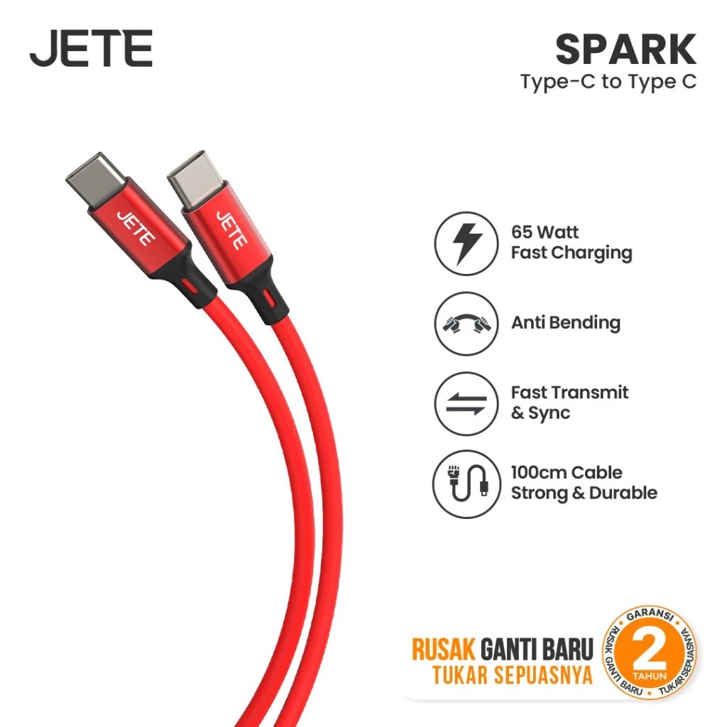 Kabel Data JETE Spark USB C To Type C 65W Fast Charging Cable Handphone Quick Transfer Charger Nylon Braided - Gambar 2