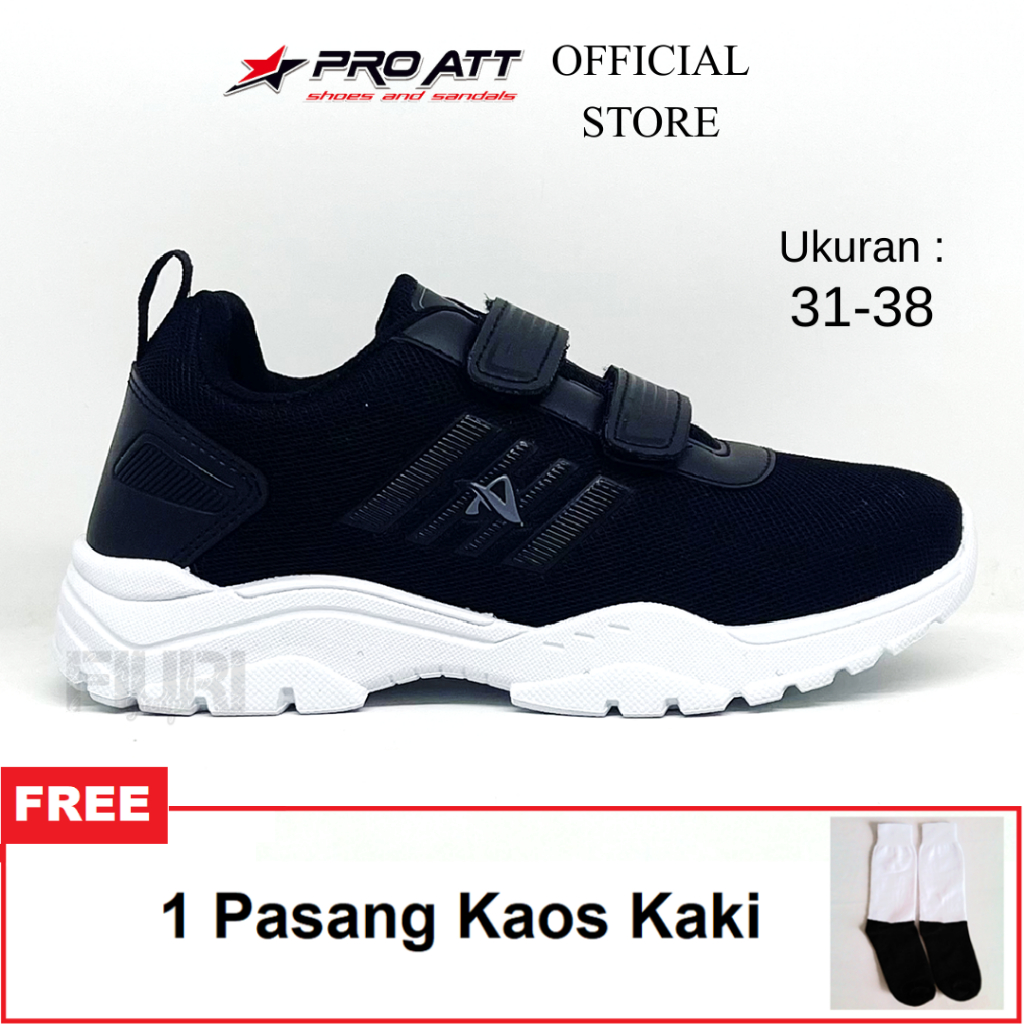 Pro Att - Mcl 31-38 - Sepatu Perekat Sneakers Kets Sekolah Olahraga Anak SD SMP SMA - Hitam Putih