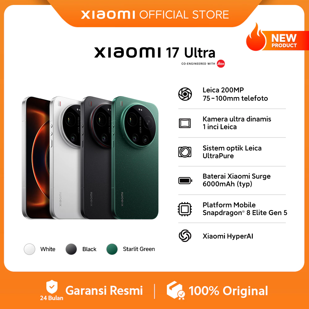 Xiaomi 17 Ultra (16GB/512GB) (16GB/1TB) Leica 200MP 75–100mm Telefoto / Kamera Ultra Dinamis 1 Inci Leica / Sistem Optik Leica UltraPure / Baterai Xiaomi Surge 6000mAh (typ) / Platform Mobile Snapdragon® 8 Elite Gen 5 [Xiaomi Official Store]