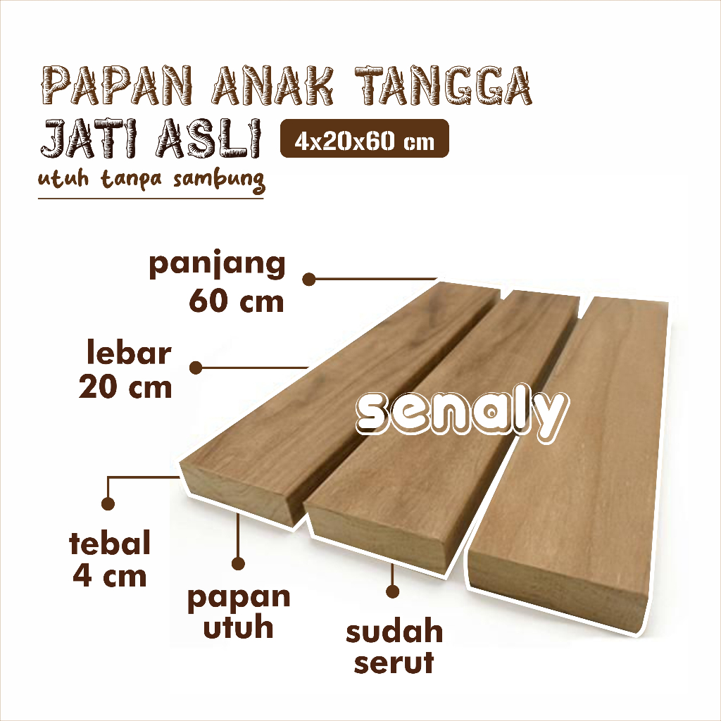 Papan Anak Tangga 4x20x60 cm Kayu Jati Asli Sudah Serut Rapi