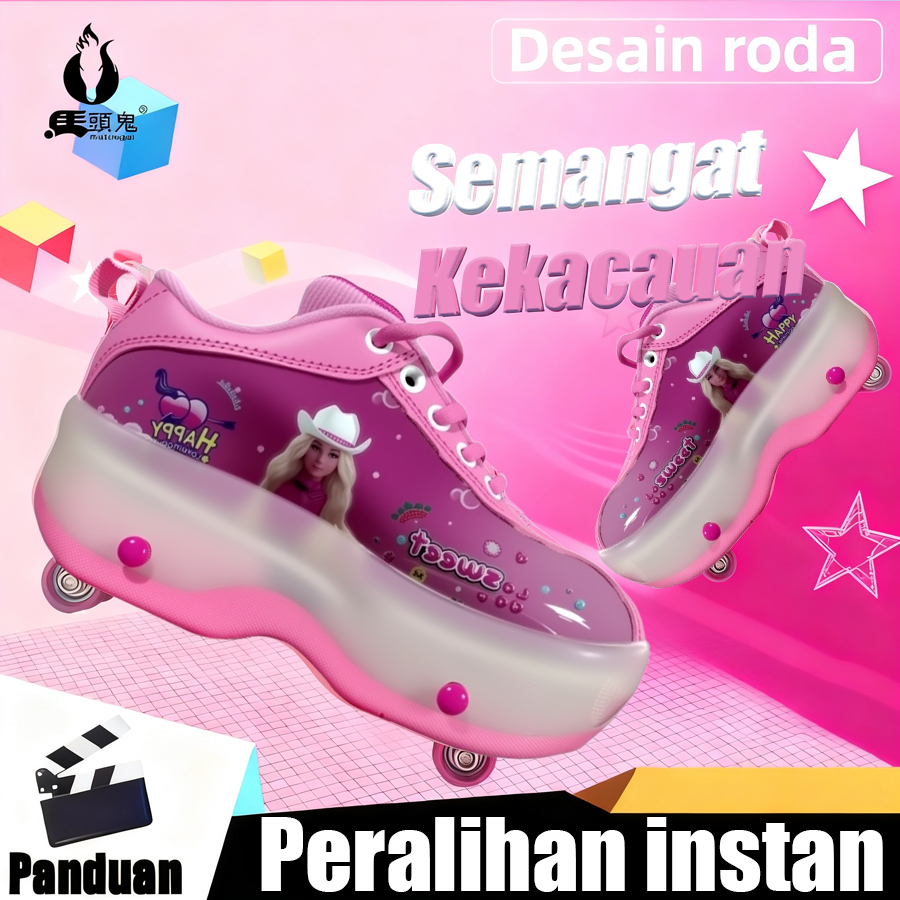 MATOUGUI-Sepatu Roda Anak Perempuan 4 Roda/sepatu roda Oxelo/lampu kedip/tidak licin/anti goyang/lnline skate/star/ukuran dapat disesuaikan/pu/gaya bajaj/mode skateboard