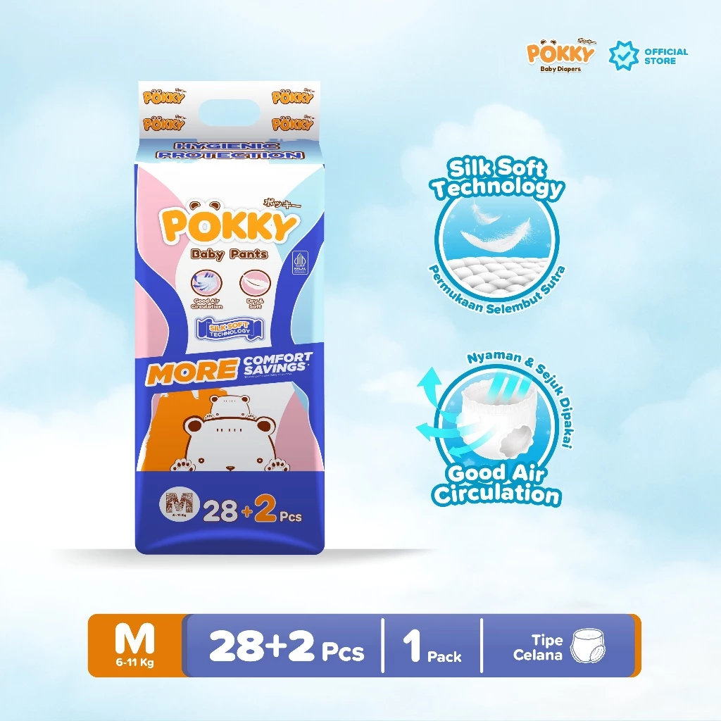 [1 BAG] POKKY Pants Popok Celana Bayi M28+2/L26+2/XL24+2/XXL22+2 - Gambar 2