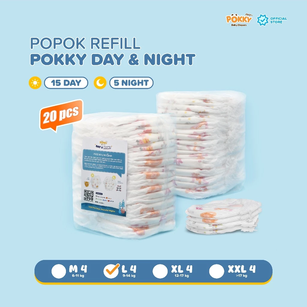 [1 BAG] POKKY PREMIUM POPOK REFILL DAY & NIGHT M/L/XL 20 PCS - Popok Celana Bayi Sepanjang Hari / Popok Bayi Berkualitas - Gambar 2