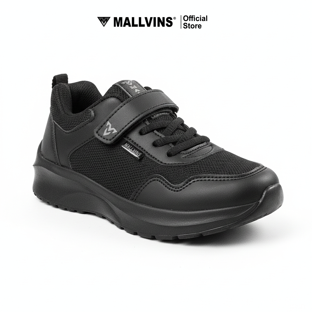 MALLVINS Sepatu Sekolah Anak Size 31-38 Full Hitam - Gambar 2