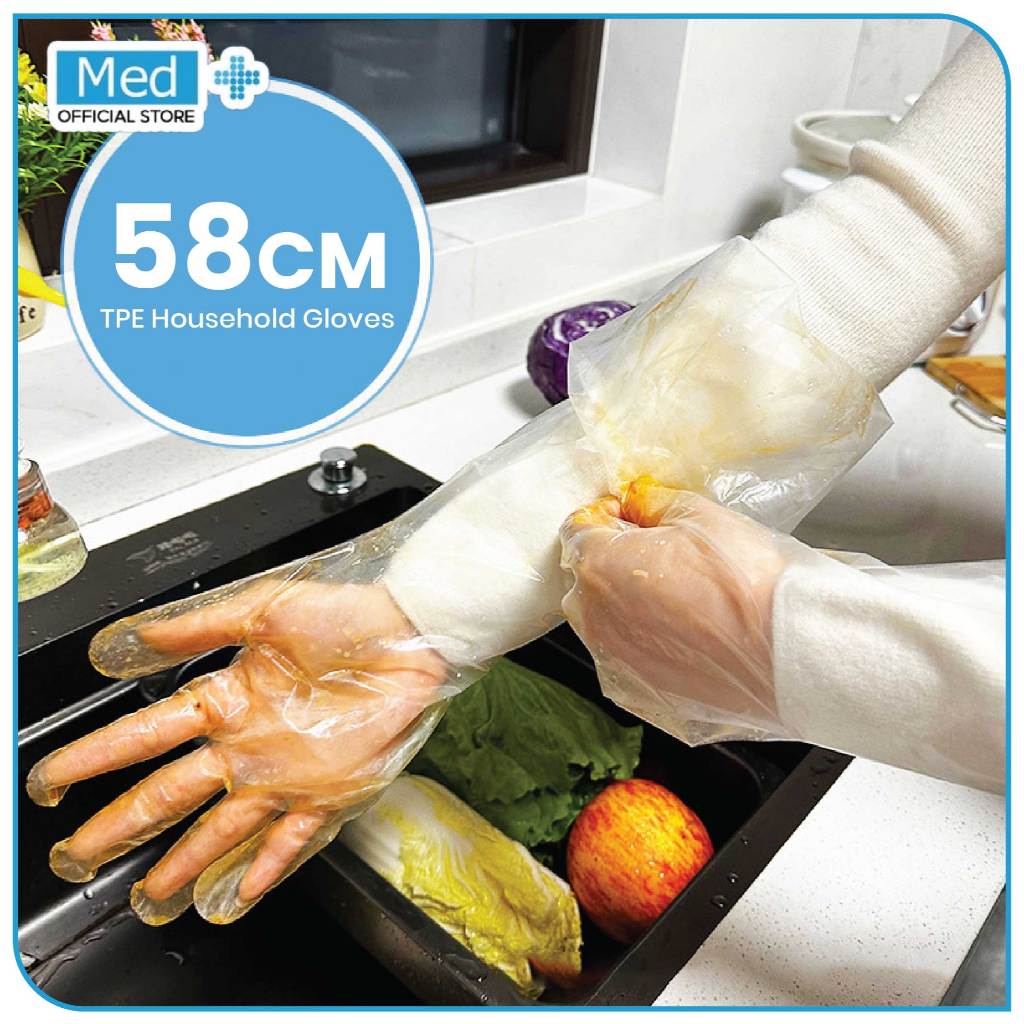 Med+ Disposable PE Long Sleeve Plastic Gloves 58cm / Sarung Tangan Lengan Panjang Plastik Sekali Pakai 10 Pcs (5 Pasang) - Gambar 4