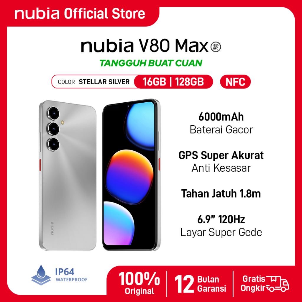 Handphone nubia V80 Max ROM 128 GB RAM 8 GB + 8 GB Smartphone Layar 6.9" HD 120Hz, Baterai 6000mAh Fast Charging GPS Turbo - Gambar 3