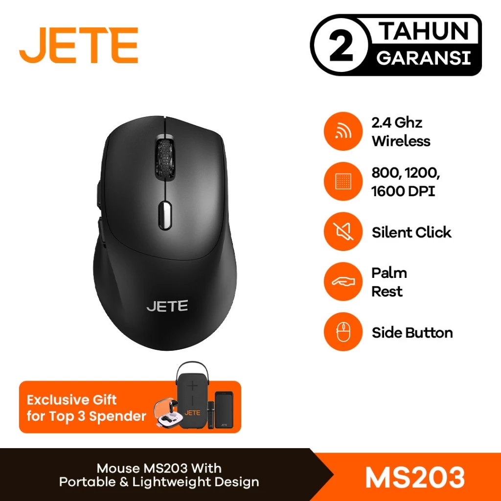 JETE Mouse Wireless MS203 1600Dpi Ergonomic dengan USB Dongle 2.4 Ghz Silent Click Palm Rest untuk Kantor Komputer Laptop