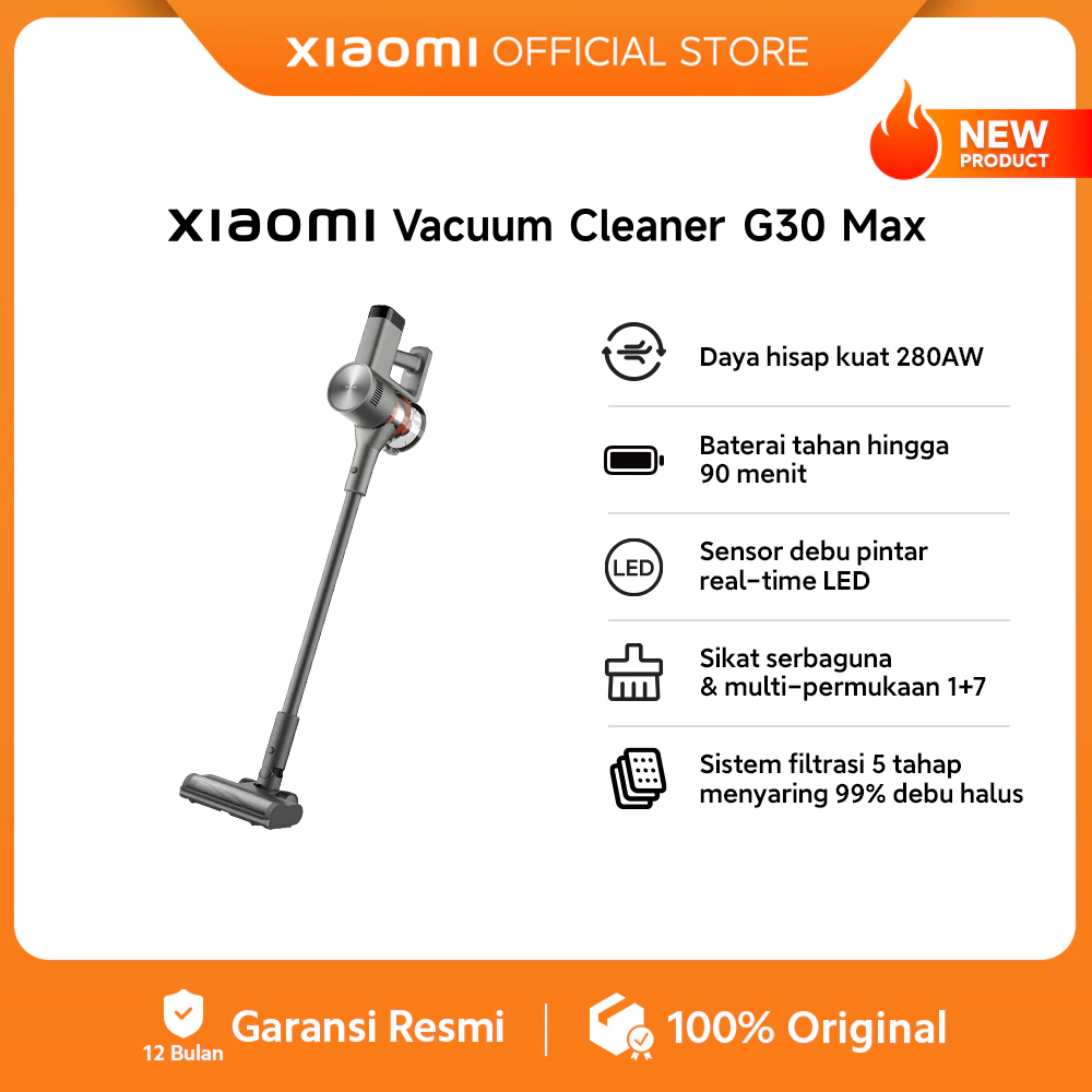 Xiaomi Vacuum Cleaner G30 Max / Daya hisap kuat 280AW / Baterai tahan hingga 90 menit / Sensor debu pintar real-time LED / Sikat serbaguna & multi-permukaan 1+7 / Sistem filtrasi 5 tahap menyaring 99% debu halus / Vacuum [Xiaomi Official Store]