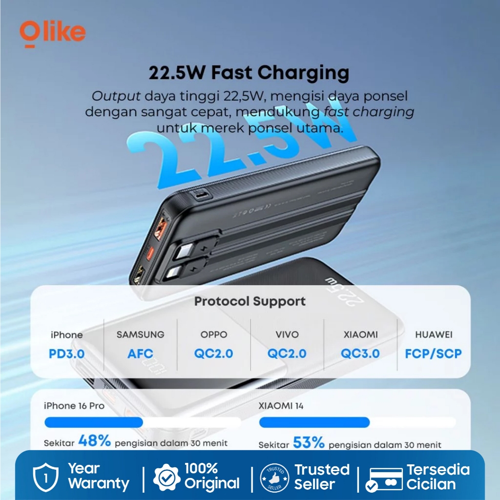 Olike Built-in Cable Power Bank P201S Super Fast Charging 22.2W Builtin Type C and Lightning Cable with LED Digital - Gambar 3