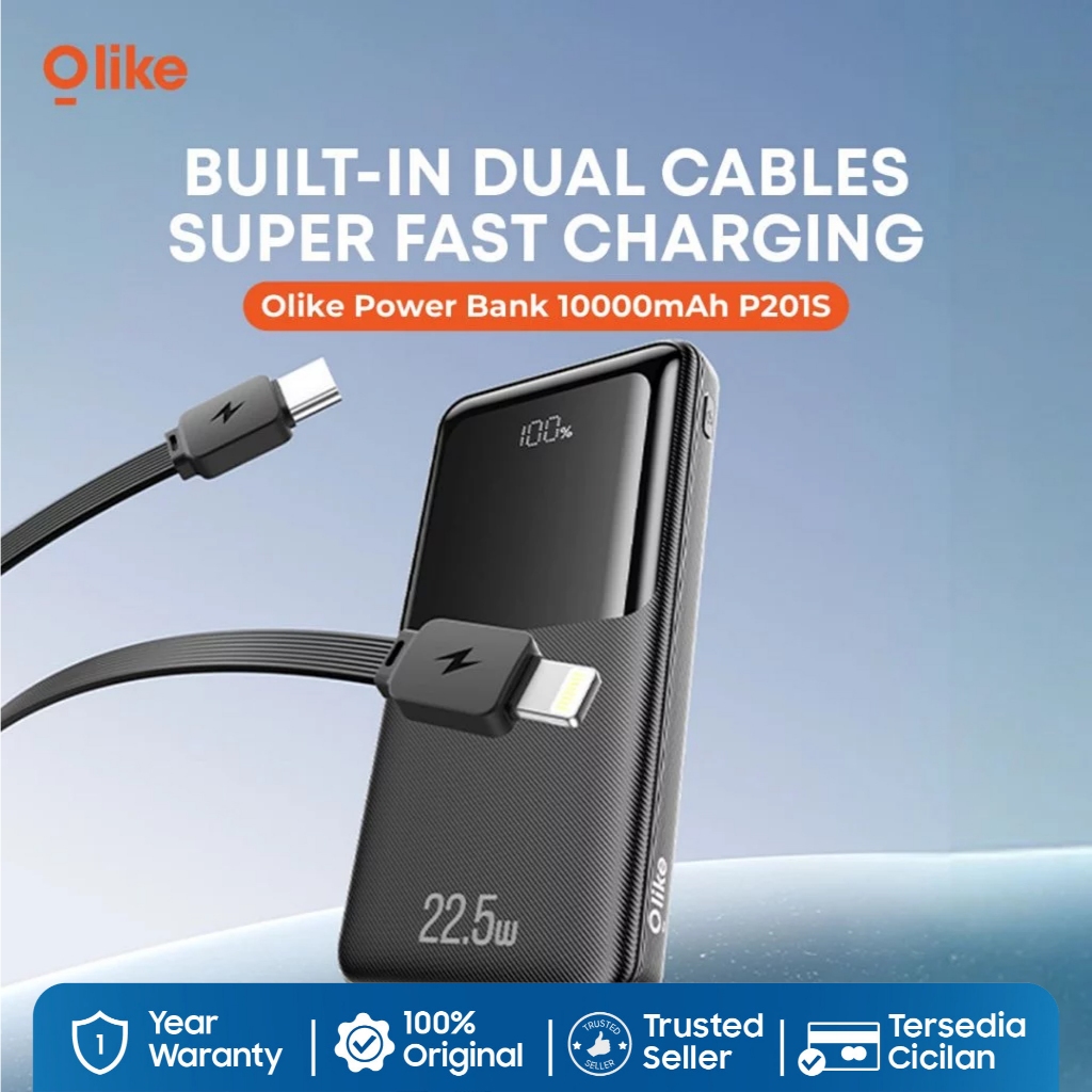 Olike Built-in Cable Power Bank P201S Super Fast Charging 22.2W Builtin Type C and Lightning Cable with LED Digital - Gambar 2