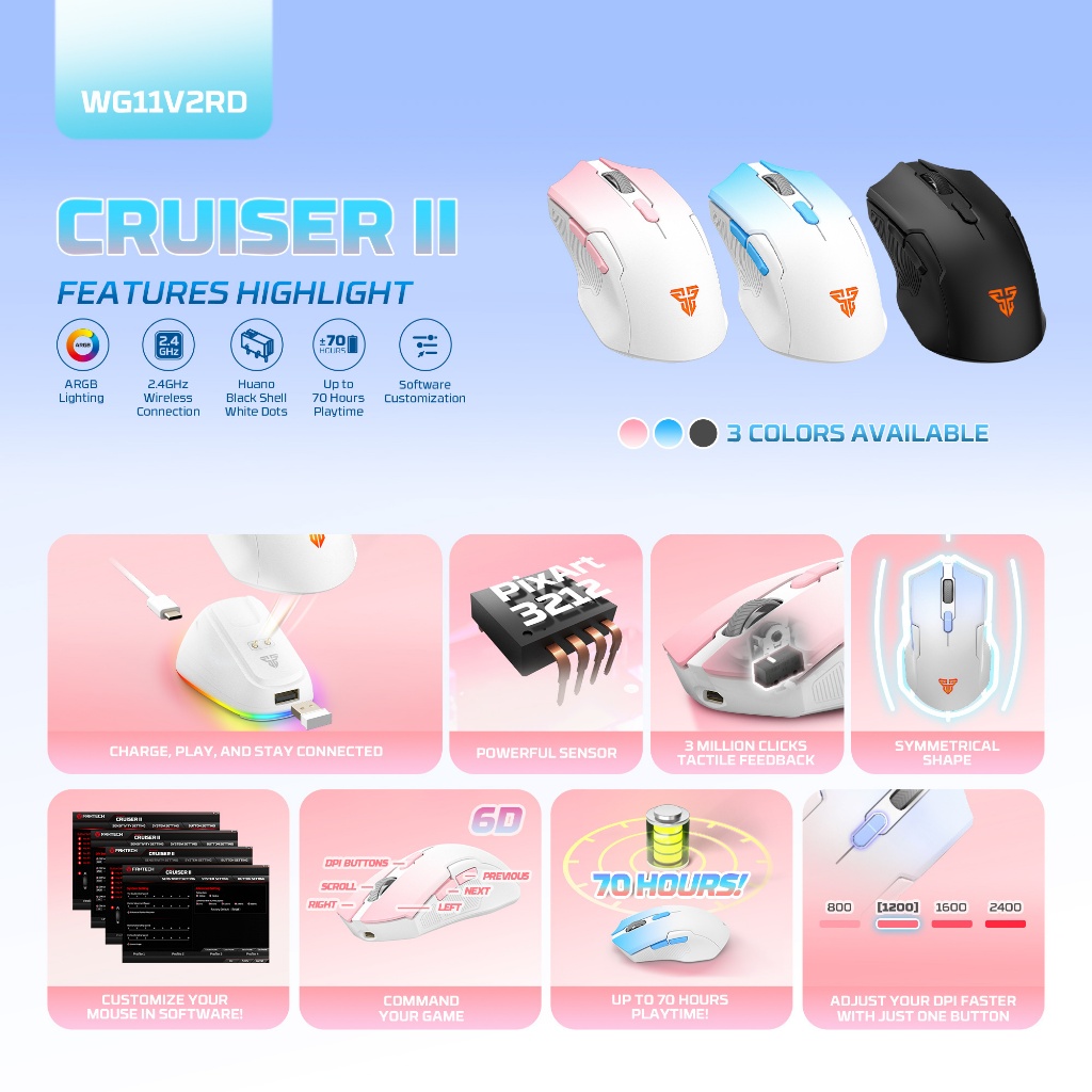 Fantech Cruiser WG11 V2RD / WG11-V2RD / WG-11V2RD Cruiser II / Cruiser 2 Wireless Gaming Mouse ARGB with Docking - Gambar 2