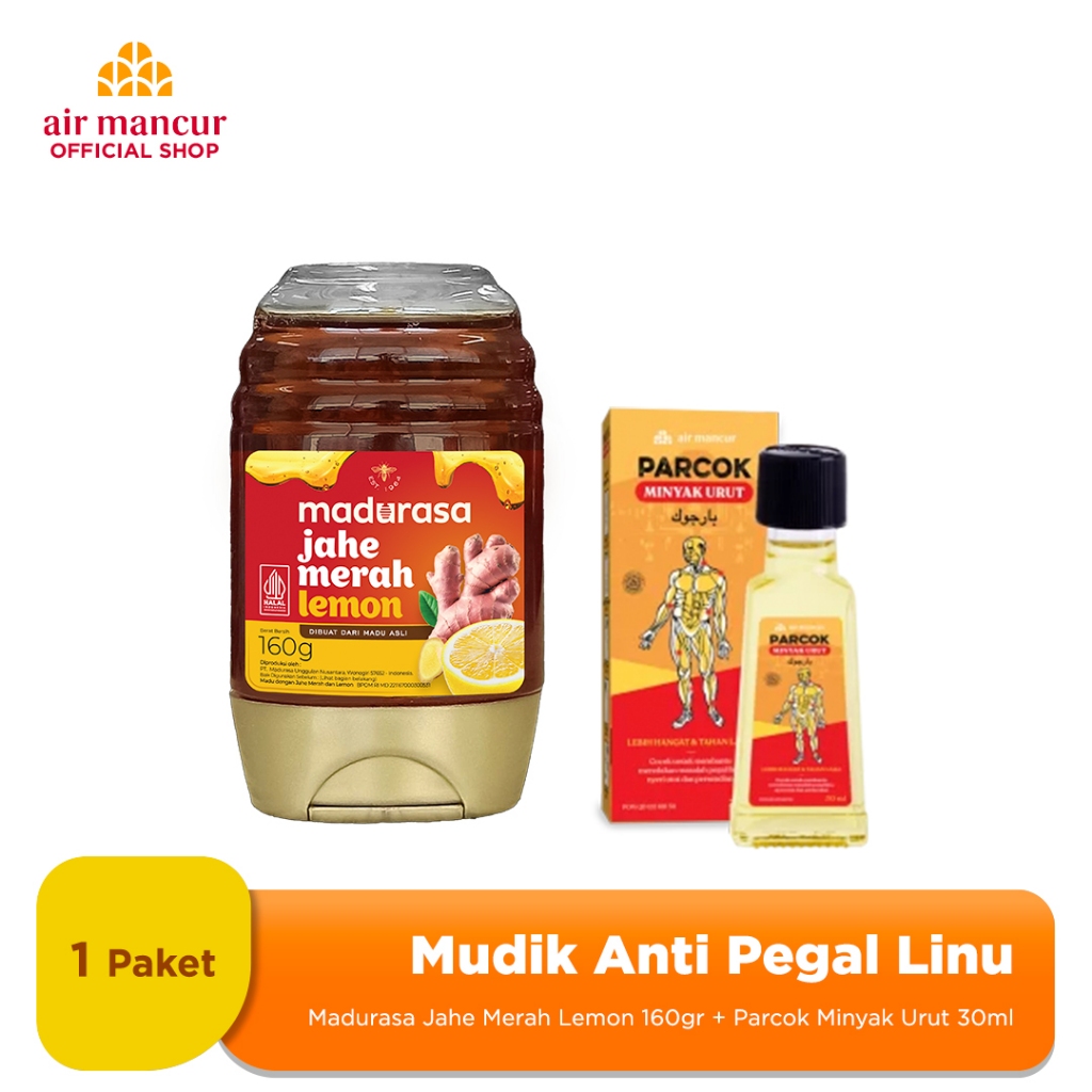 Mudik Anti Pegal Linu - Madurasa Jahe Merah Lemon 160gr + Parcok Minyak Urut 30ml + Jamu Serbuk Pegal Linu 10s