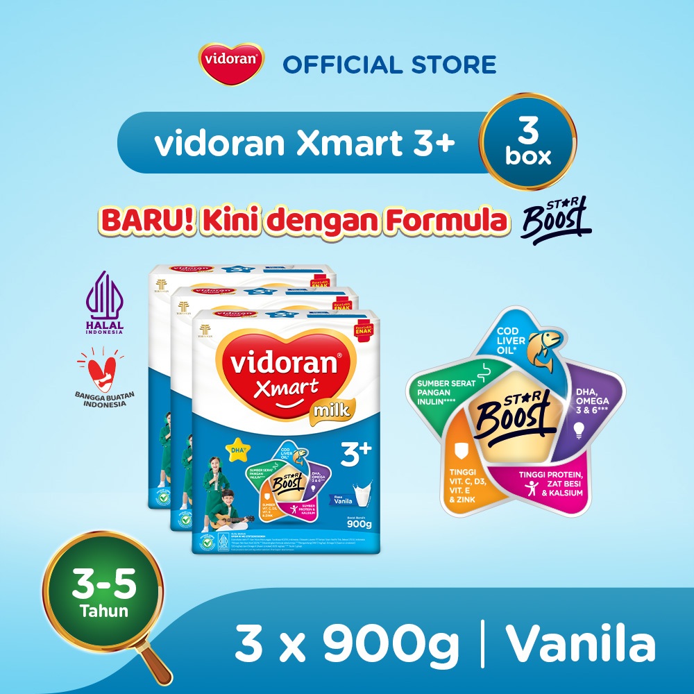 vidoran Xmart 3+ Vanilla 900gr Susu Formula Pertumbuhan Anak 3-5 Tahun - 3 box - Exp : 05.2027