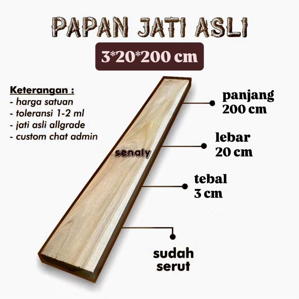 Kayu Jati Perhutani 3x20x200 cm Allgrade Papan Utuh Sudah Serut Rapi - senaly -