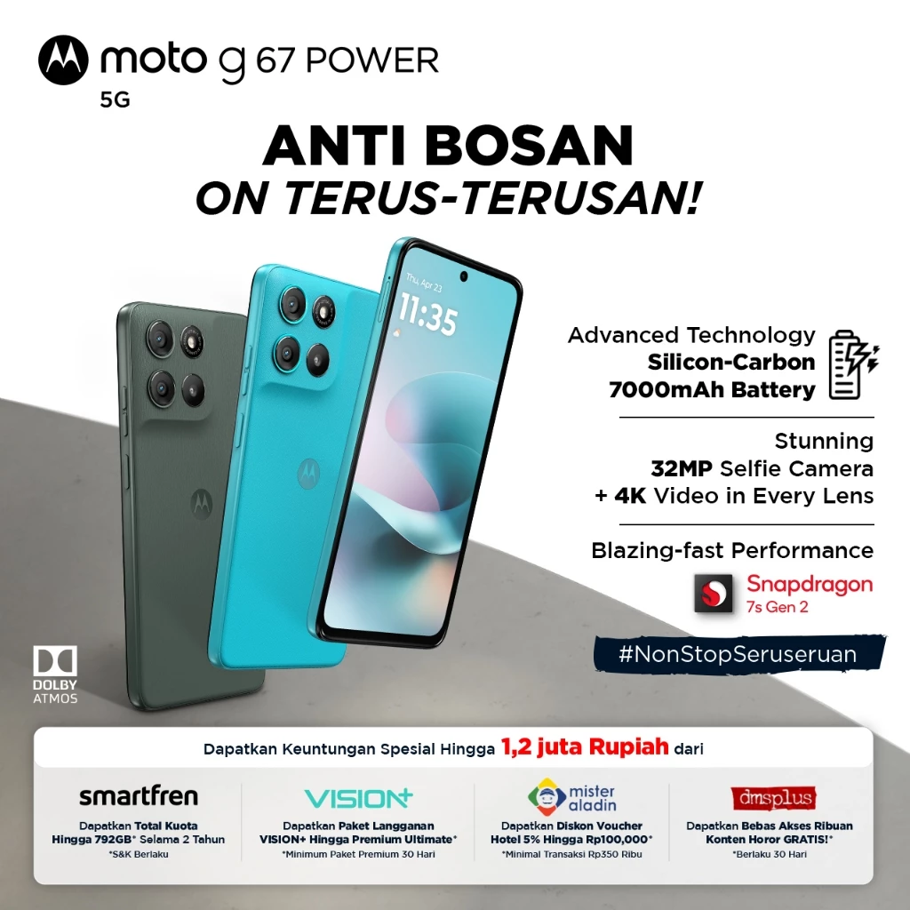 Moto G67 Power 5G - RAMBoost 24GB/256GB - Snapdragon7s Gen2 - 7000mAh SiliconCarbon - 50MP Sony LYTIA600 - 4K Semua Lensa - 32MP Selfie - 6.72" - IP64 GG7i MIL810H - Dolby Stereo