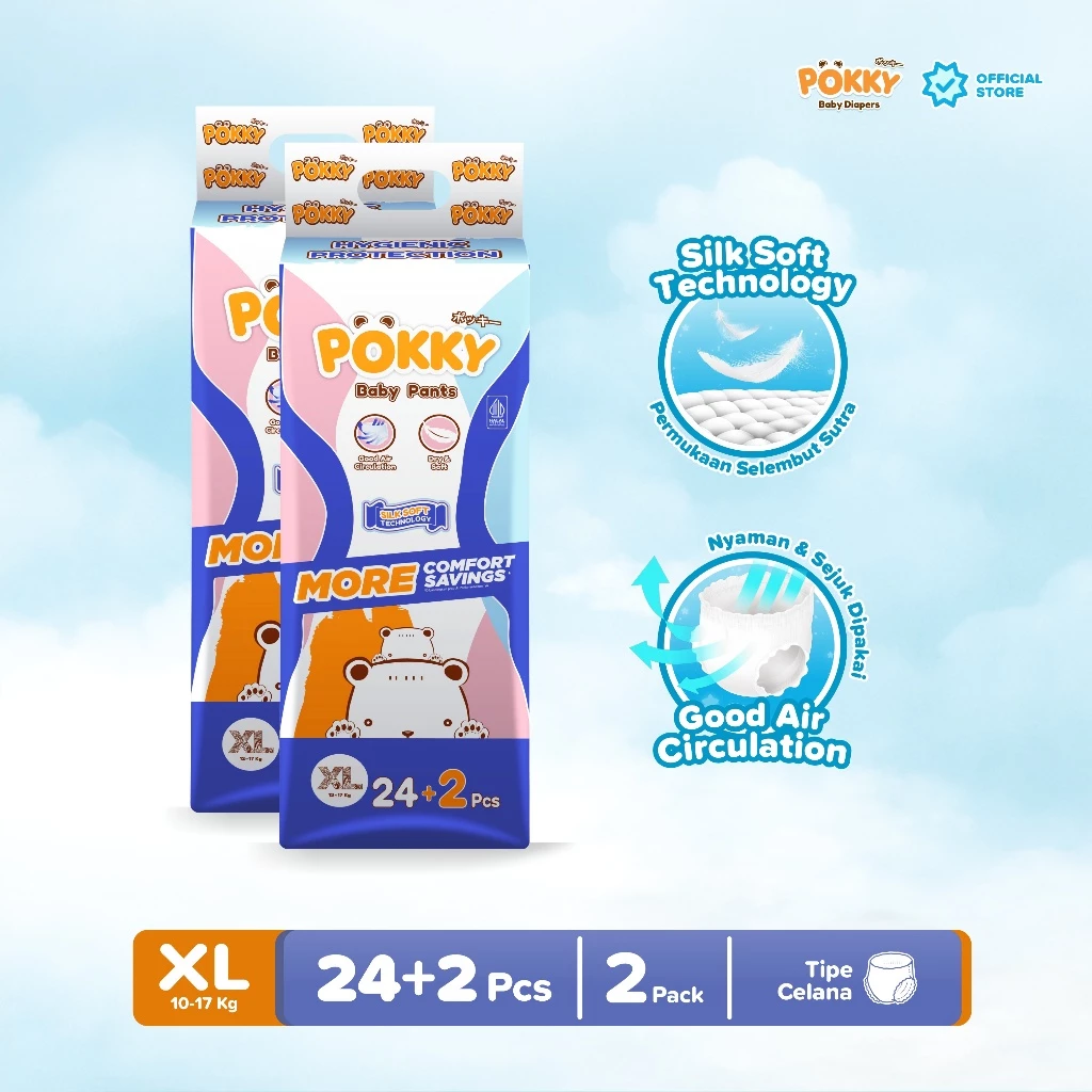 [2 BAG] POKKY Pants Popok Celana Bayi TWINPACK (2 BALL) M28+2/L26+2/XL24+2/XXL22+2 - Gambar 3