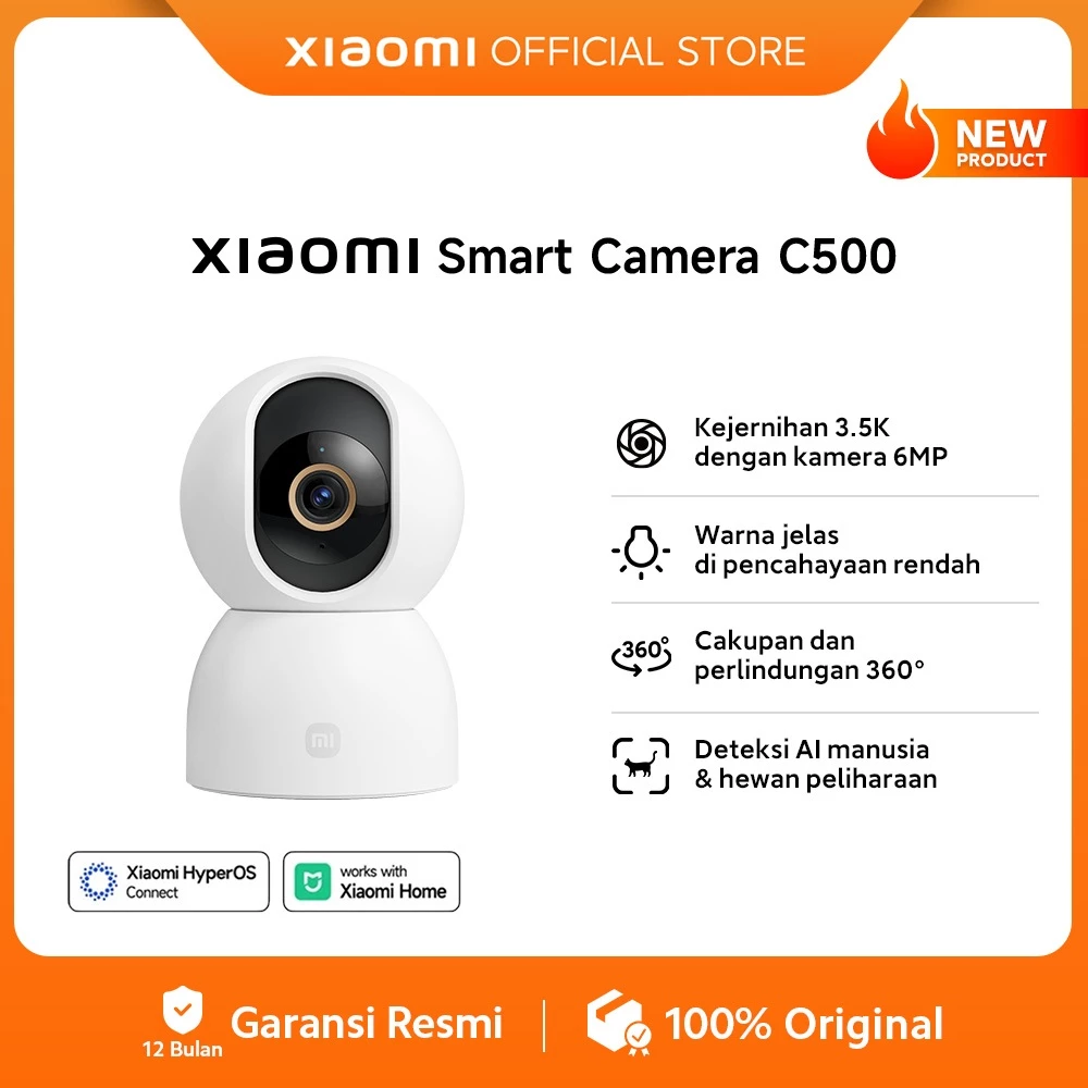 Xiaomi Smart Camera C500 / Kejernihan 3.5K dengan kamera 6MP / Warna jelas di Pencahayaan Rendah / Cakupan dan perlindungan 360° / Deteksi AI manusia & hewan peliharaan [Official Store]