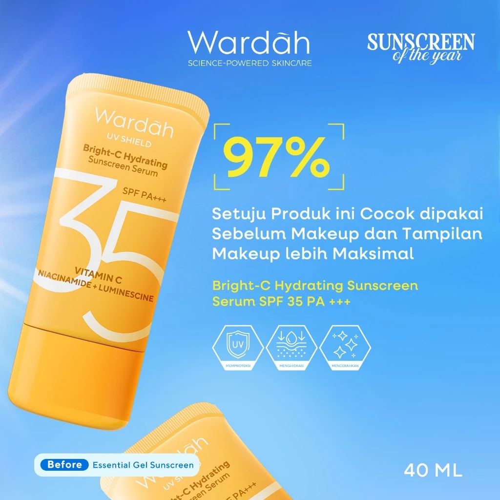 Wardah Sunscreen UV Shield Bright C-Hydrating Serum SPF 35 PA++++ Luminescence + Vitamin C + Niacinamide - Melembabkan dan Mencerahkan Kulit Untuk Kulit Kusam, Bintik Hitam, Kemerahan, Kulit Kering - Sunscreen No. 1 Sunscreen of the Year - Skincare - Gambar 3
