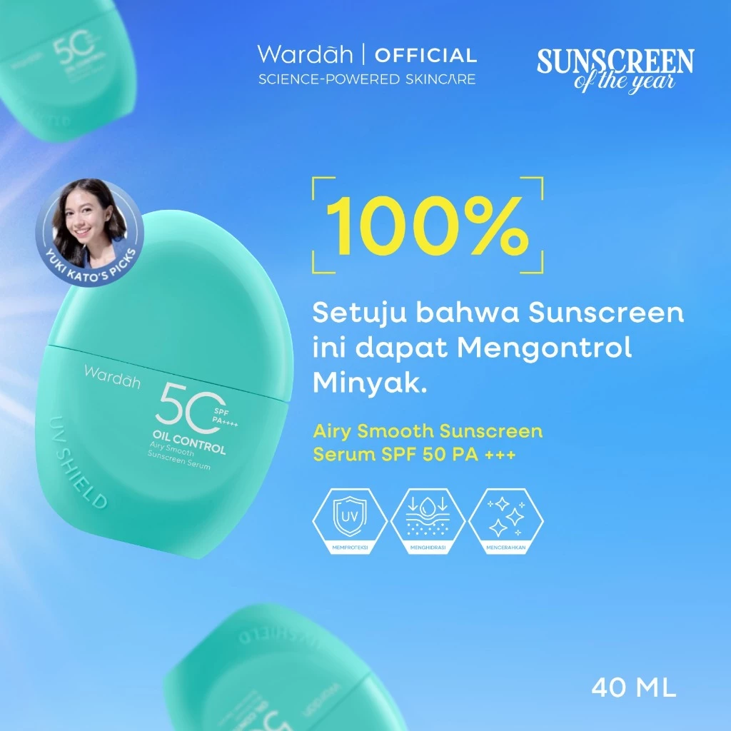 Wardah Sunscreen UV Shield Airy Smooth Sunscreen Serum SPF 50 PA++++ Centella + Bera Mineral + Raykami 40ml - Matte Seharian, Bebas Kusam, Atasi Kulit Berminyak - Sunscreen No. 1 Sunscreen of the Year - Skincare - Gambar 4