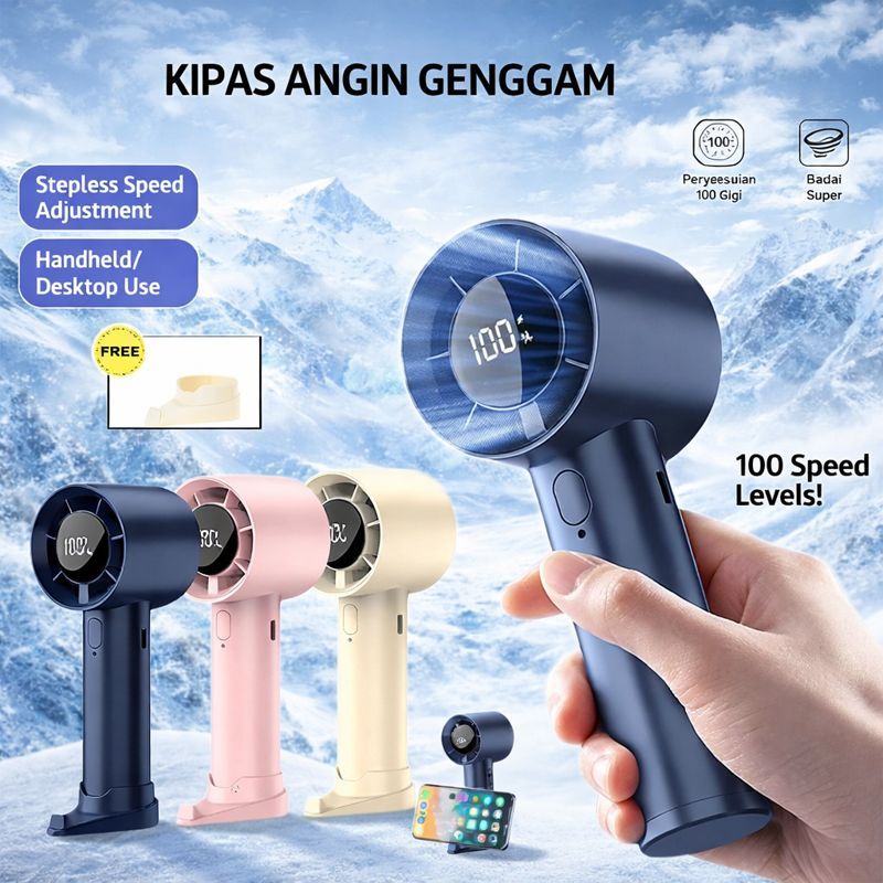 Kipas Genggam Turbo Mini 100 Speed Portable Hiking Outdoor Layar LED Type-C