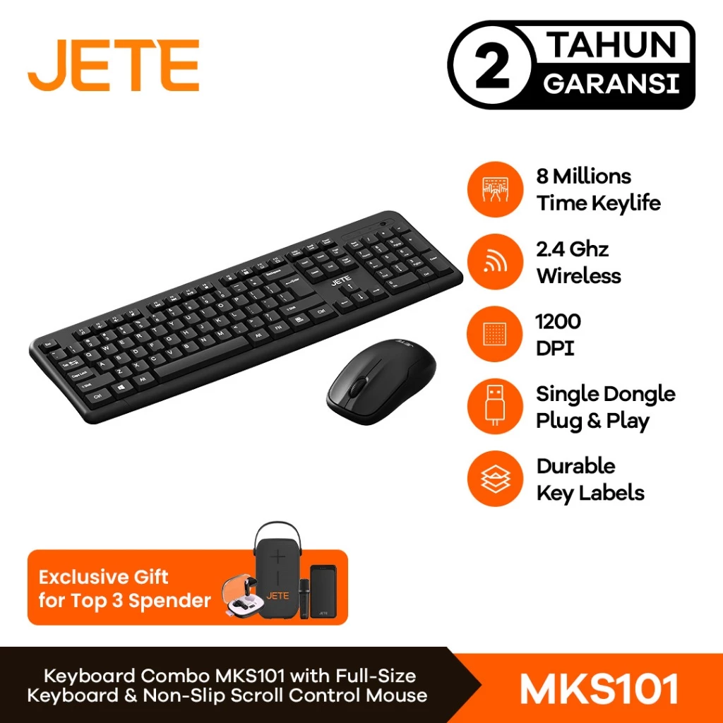 Keyboard Mouse Combo JETE MKS101 Keyboard & Mouse Wireless 1200 DPI Tanpa Kabel USB Dongle Keyboard Mouse Kantor Komputer