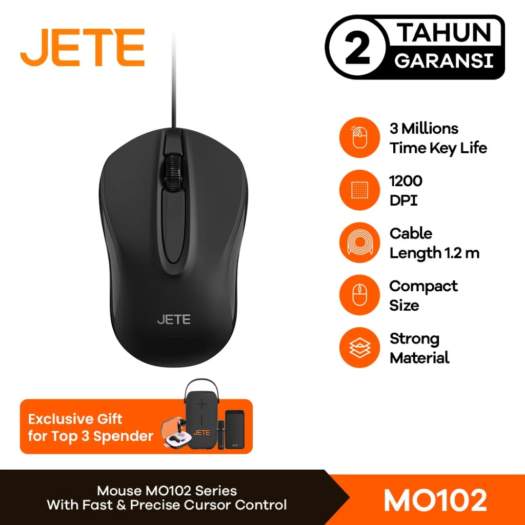 Mouse Kabel JETE MO102 1200 DPI Wired Optical Mouse Kerja Kantor Mouse Cable USB PC Laptop Non Slip Scroll
