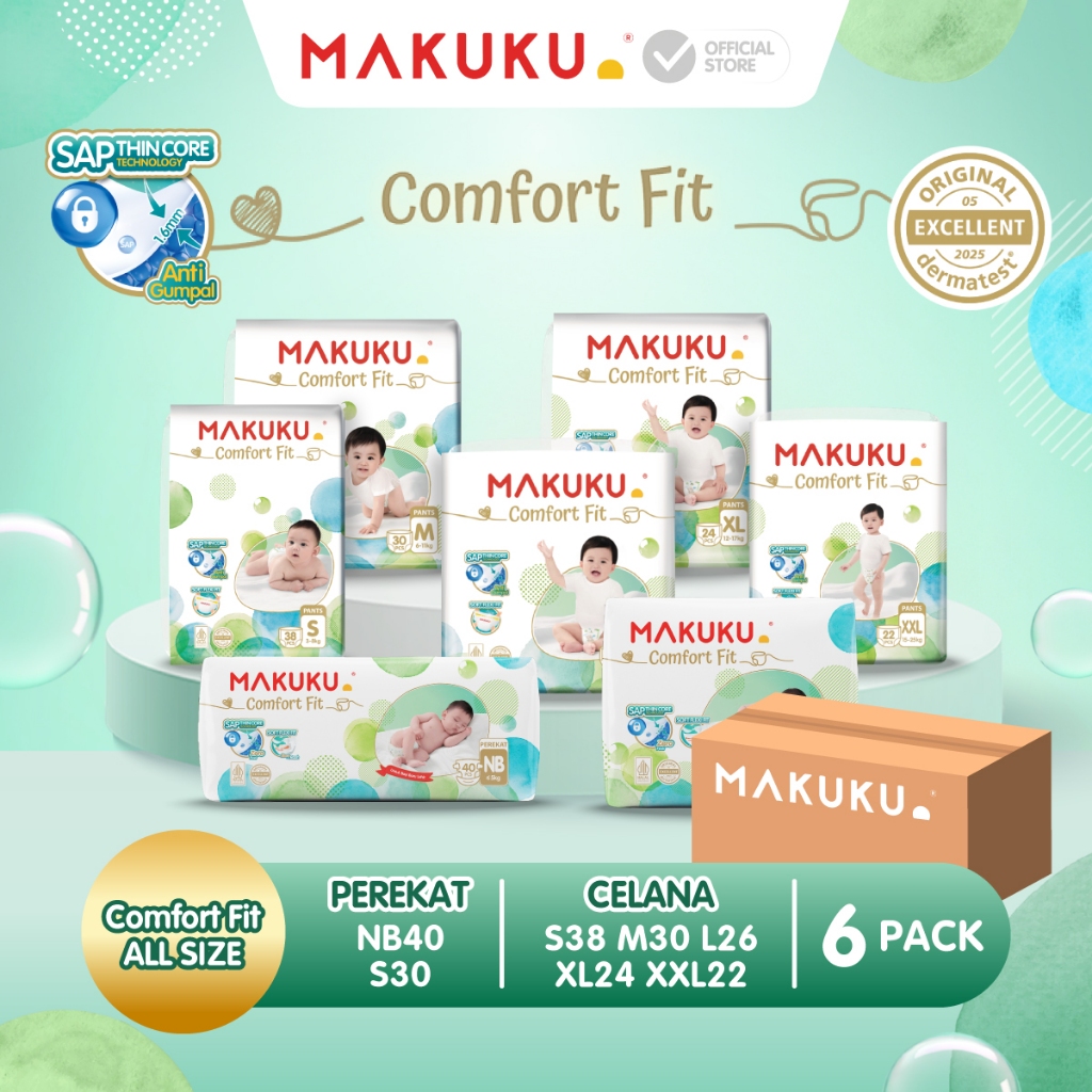 [6 PACK KARTON] Makuku SAP Diapers Comfort Fit 3.0 Pants & Tape / Celana & Perekat Popok Bayi Regular Pack NB40 / S30 / S38 / M30 / L26 / XL24 / XXL22