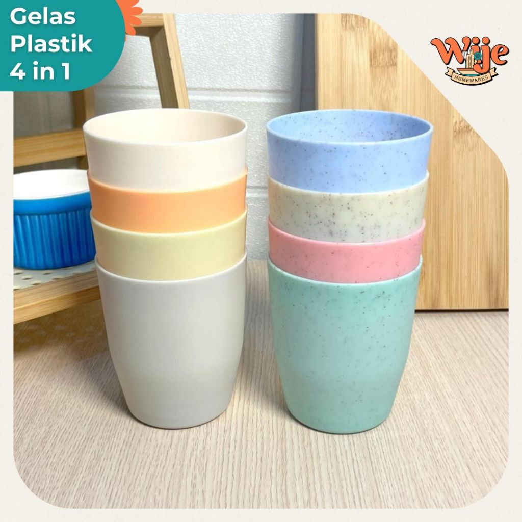 Tokosenja21 Gelas Plastik Set Serbaguna Cangkir Jerami Gandum Warna Warni 4 In 1 Paket Bundling
