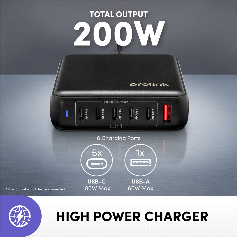 Prolink 200W / 6port / GaN PD 3.0 PPS Desktop Charger / Laptop / Tablet / Hp / Headset / Camera / Peralatan Gaming - Gambar 3