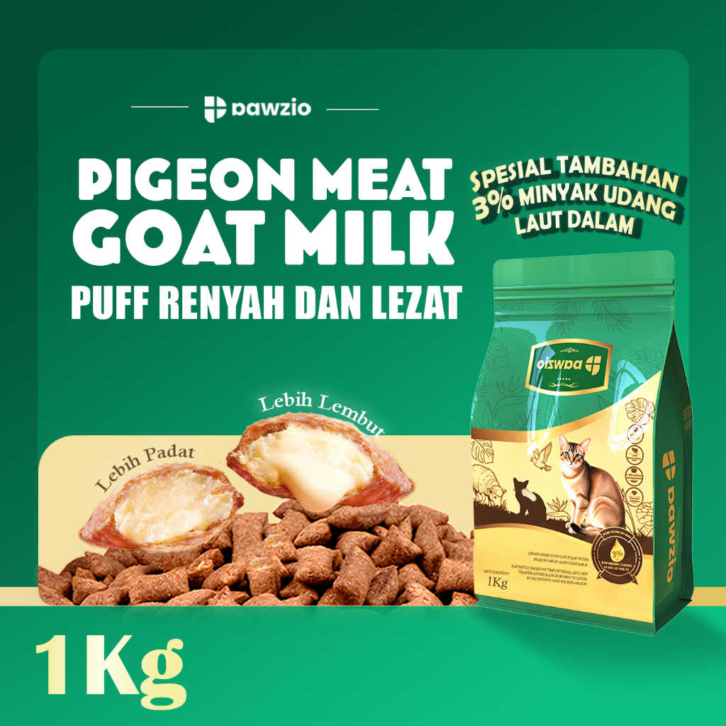 PAWZIO Grain Free Puff Cat Food 1kg – Pigeon Meat & Goat Milk Makanan kucing grain free tinggi protein dengan teknologi pure meat infusion