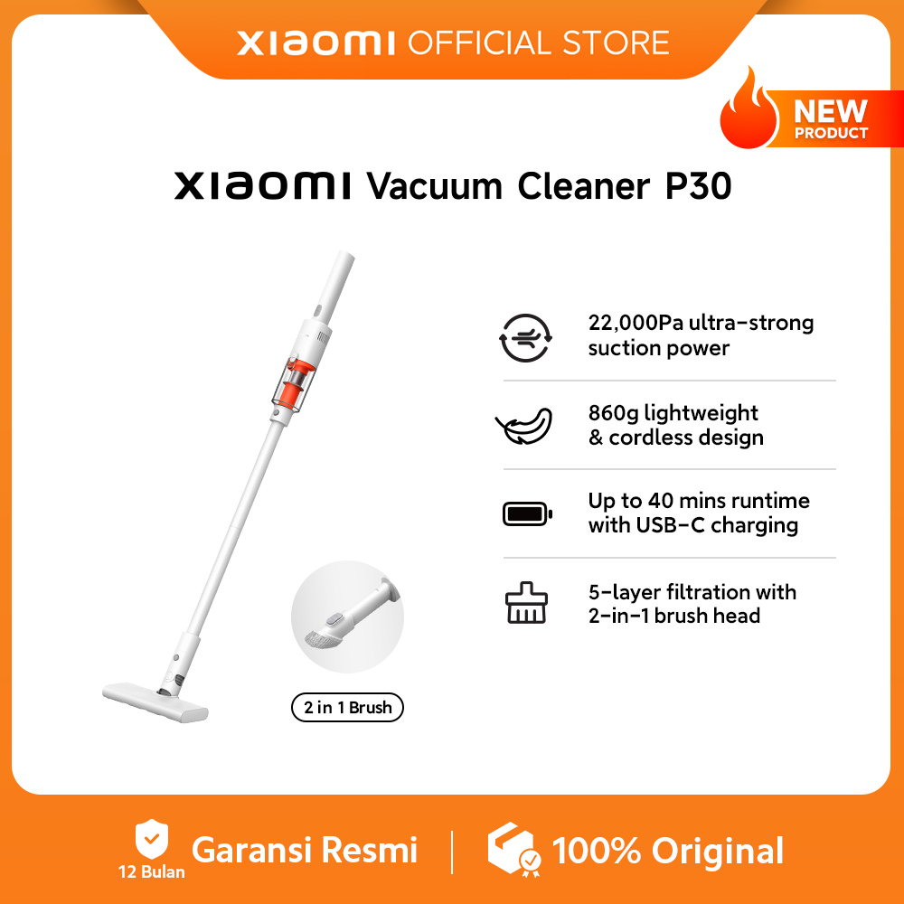 Xiaomi Vacuum Cleaner P30 / Daya isap kuat 22.000Pa / Ringan 860g Tanpa Kabel / Desain ringan & fleksibel dengan 1 tangan / 5 layer filter sistem & kepala sikat 2in1 / Baterai tahan hingga 40 menit dengan USB-C [Official Store]