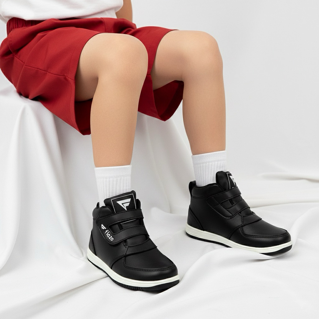 Flazo Sepatu Anak Laki Laki Dan Prempuan Sepatu Sekolah Hitam Polos Hitam Putih Boots Perekat - Gambar 3