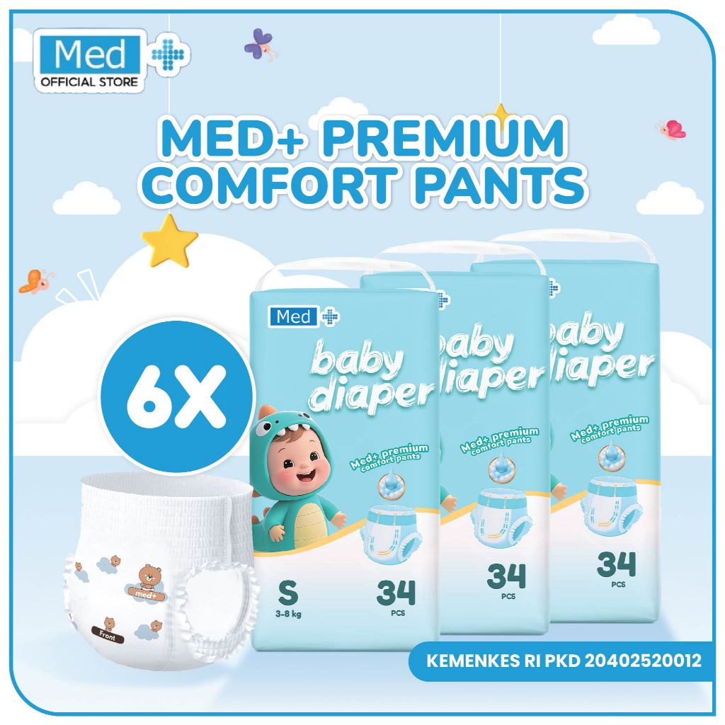 Med+ Baby Diapers Pants Disposable / Popok Bayi Sekali Pakai Tipe Celana Nyaman dan Lembut Baby Comfort Diapers Premium - 6 Pack