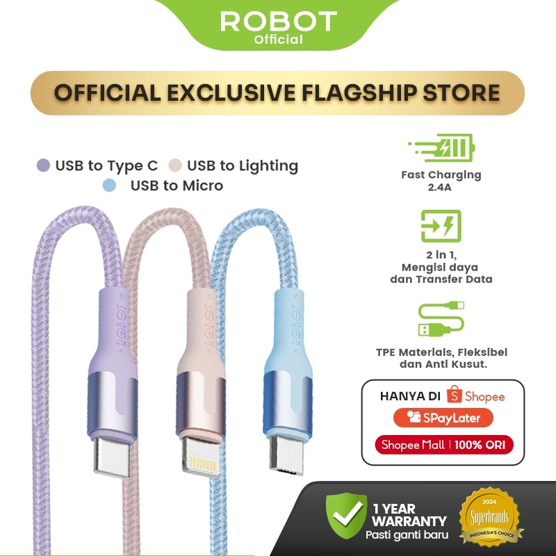 Robot Kabel Data Micro Type C Lightning USB 1M 1.2M Fast Charging Original