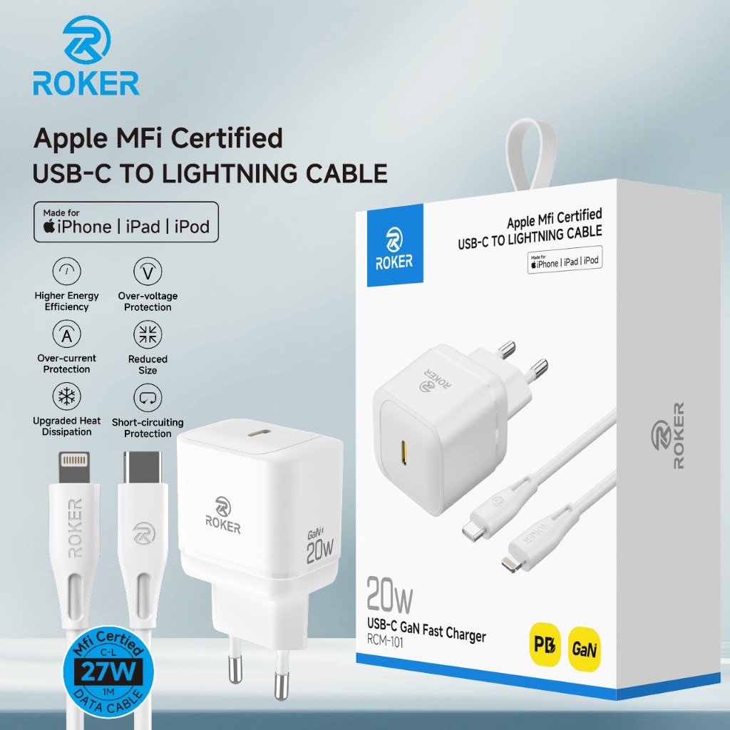 ROKER Charger RCM101 iPhone 20W GaN + Kabel USB-C to Lightning Apple MFi Certified - Gambar 3